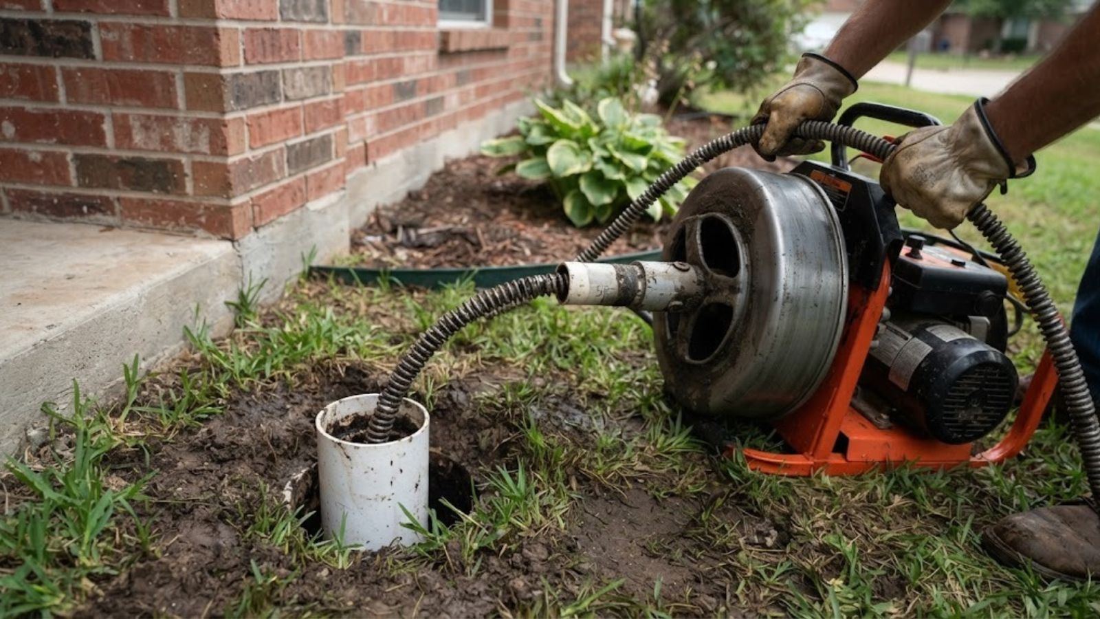 Main line drain cleaning through a sewer cleanout in Denton, TX