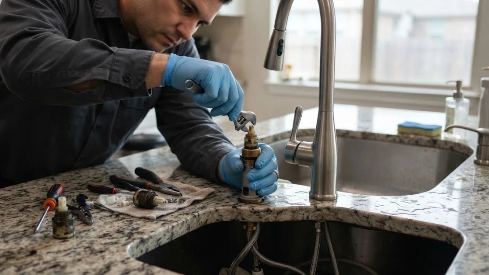 Faucet cartridge repair at a kitchen sink in Denton, TX