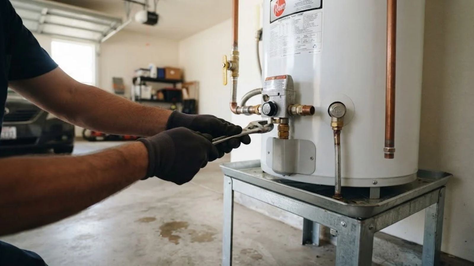 Emergency plumber checking a gas water heater in a Denton, TX garage