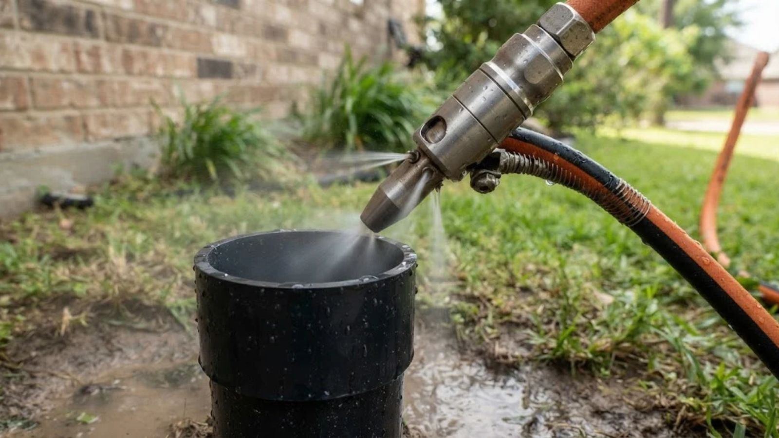 Hydro jetting a grease-clogged drain line in Denton, TX
