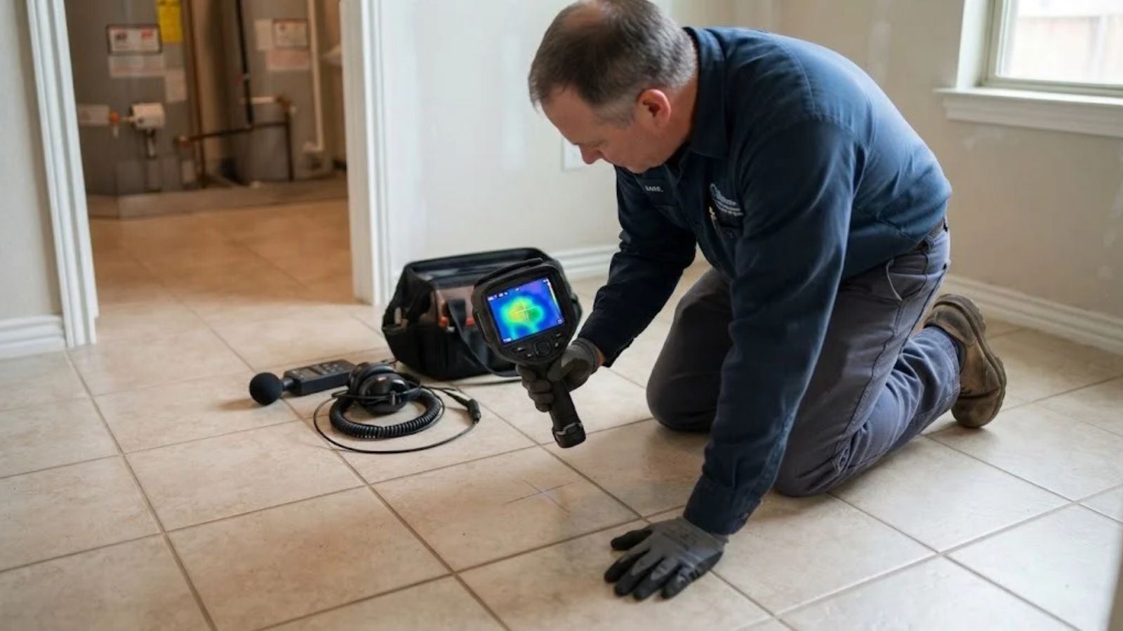 Leak detection with a thermal camera on a slab floor in Denton, TX