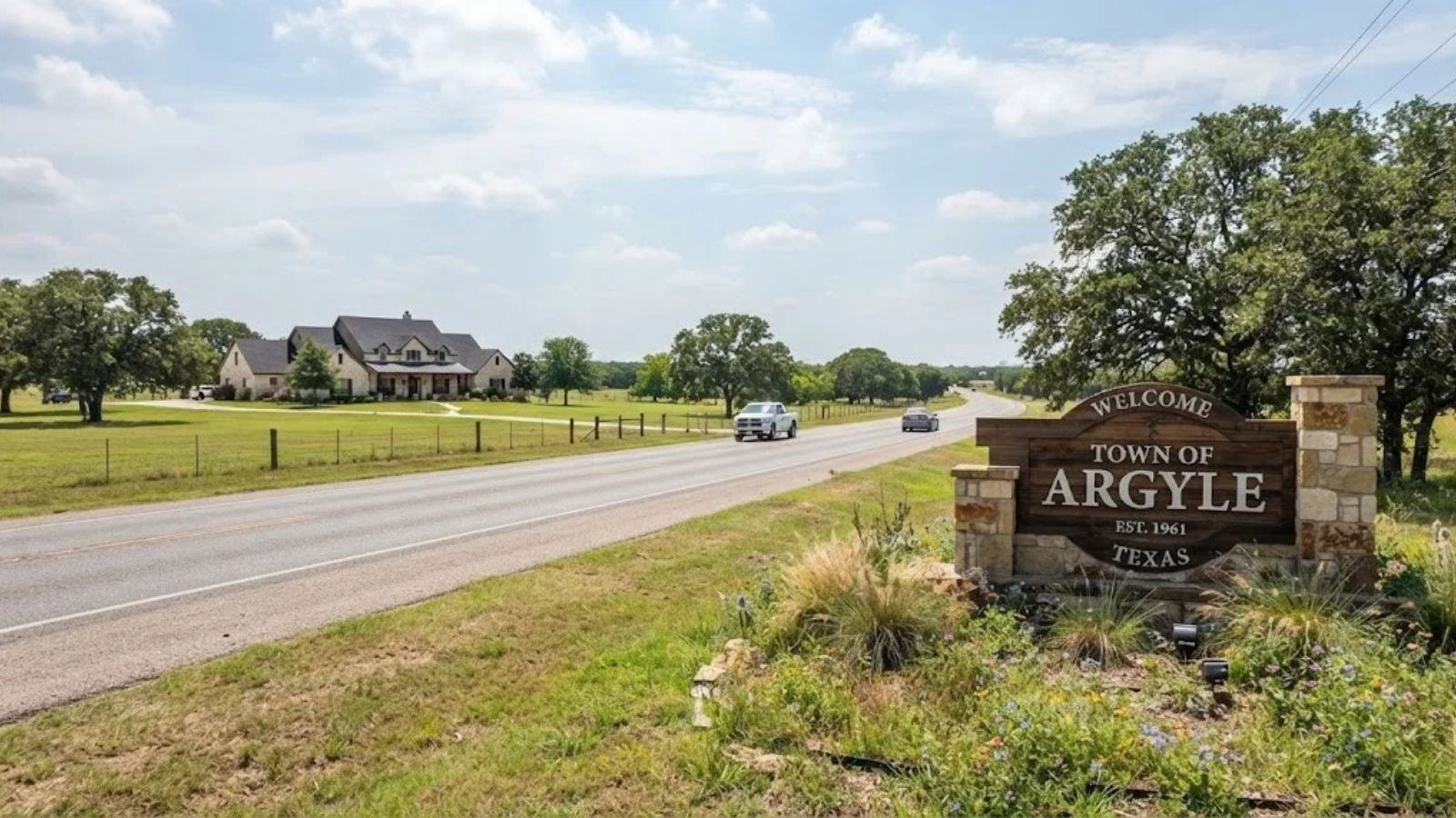 Town welcome sign beside a rural road, illustrating Argyle, TX