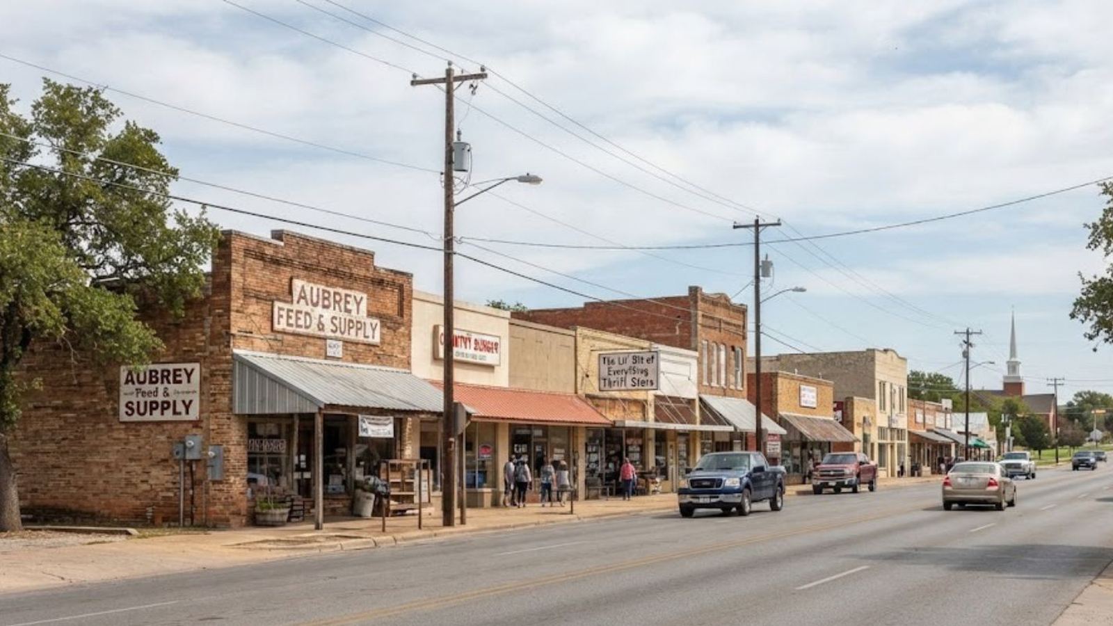 Brick storefronts along a main street, illustrating Aubrey, TX