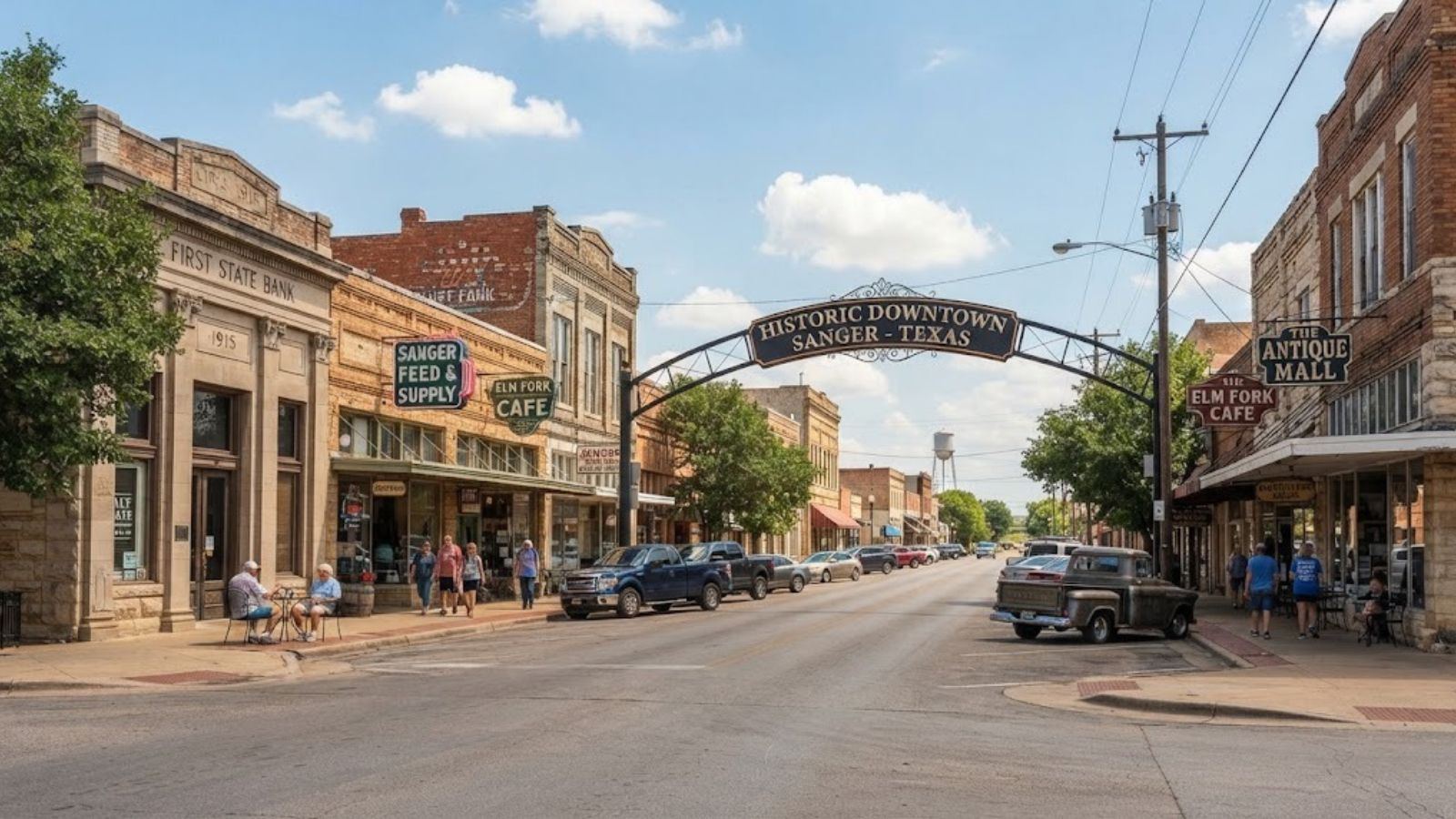 Main street storefronts under a historic downtown arch, illustrating Sanger, TX