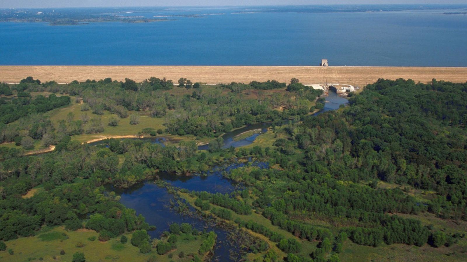 Aerial view of a lake and wooded shoreline, illustrating Lewisville Lake near Denton, TX