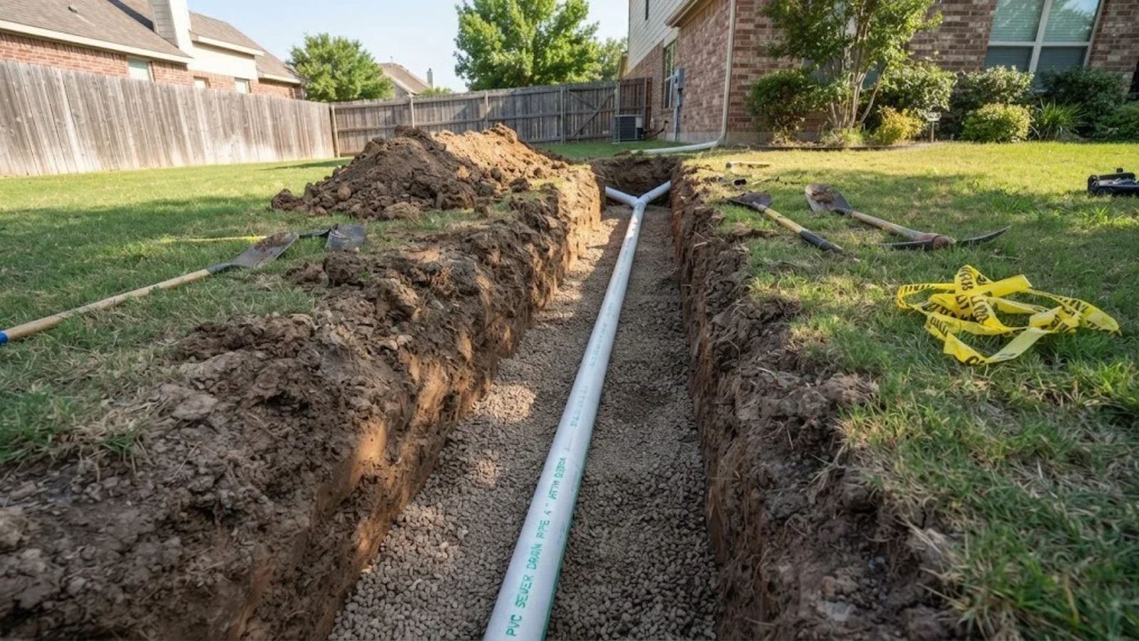 Sewer line replacement trench with new PVC pipe in Denton, TX