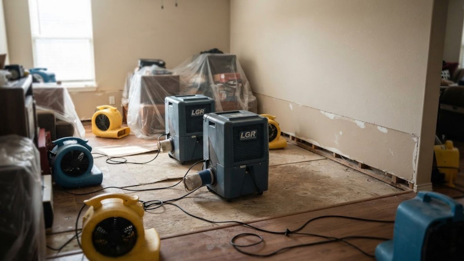 Water damage restoration drying equipment in a Denton, TX home