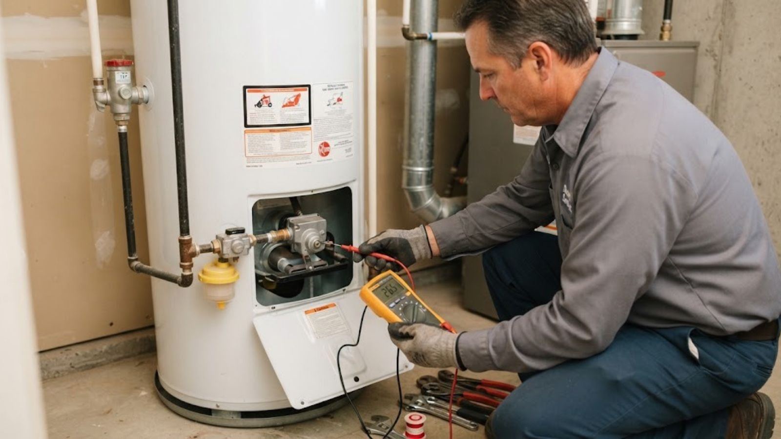 Plumber repairing a gas water heater in Denton, TX