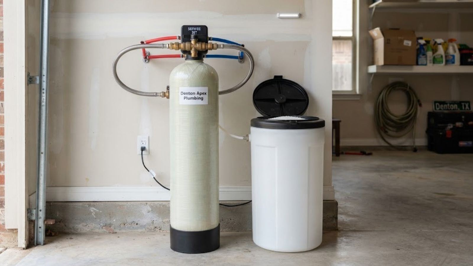 Water softener installation in a Denton, TX garage
